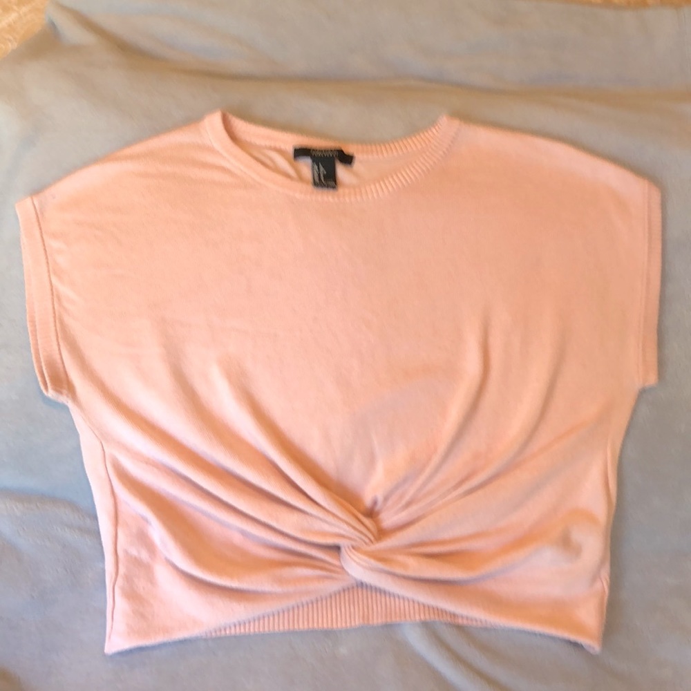 Cropped, cap sleeve cotton knit shirt - light pink